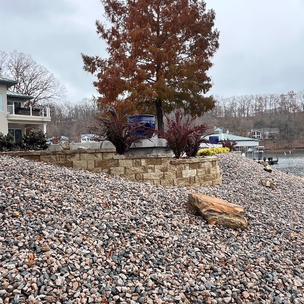 decorative landscape stone installation by Landmark Lawncare in Lake of the Ozarks Missouri