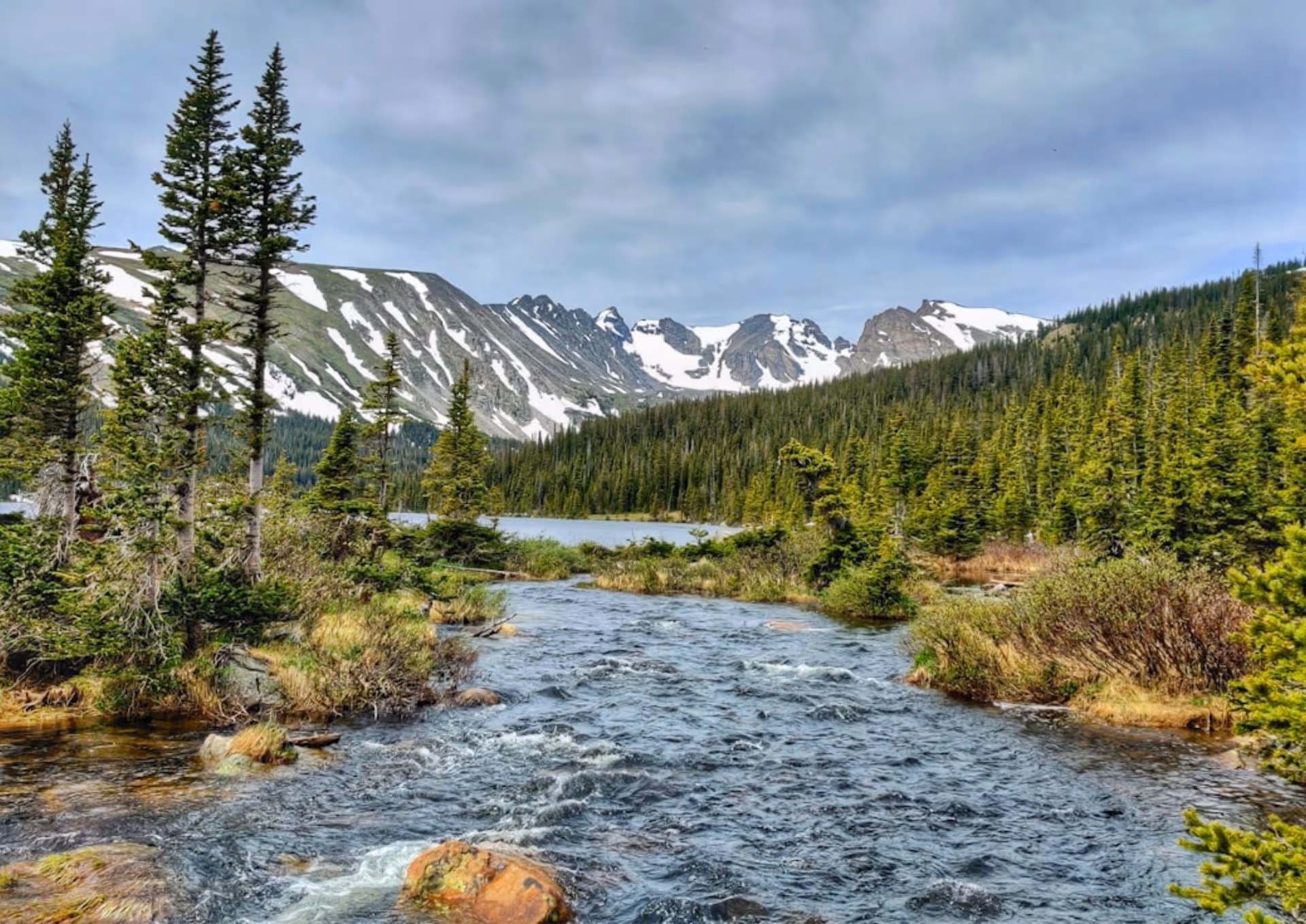 Mountain stream flowing through evergreen forest with snow-capped peaks under a cloudy sky.