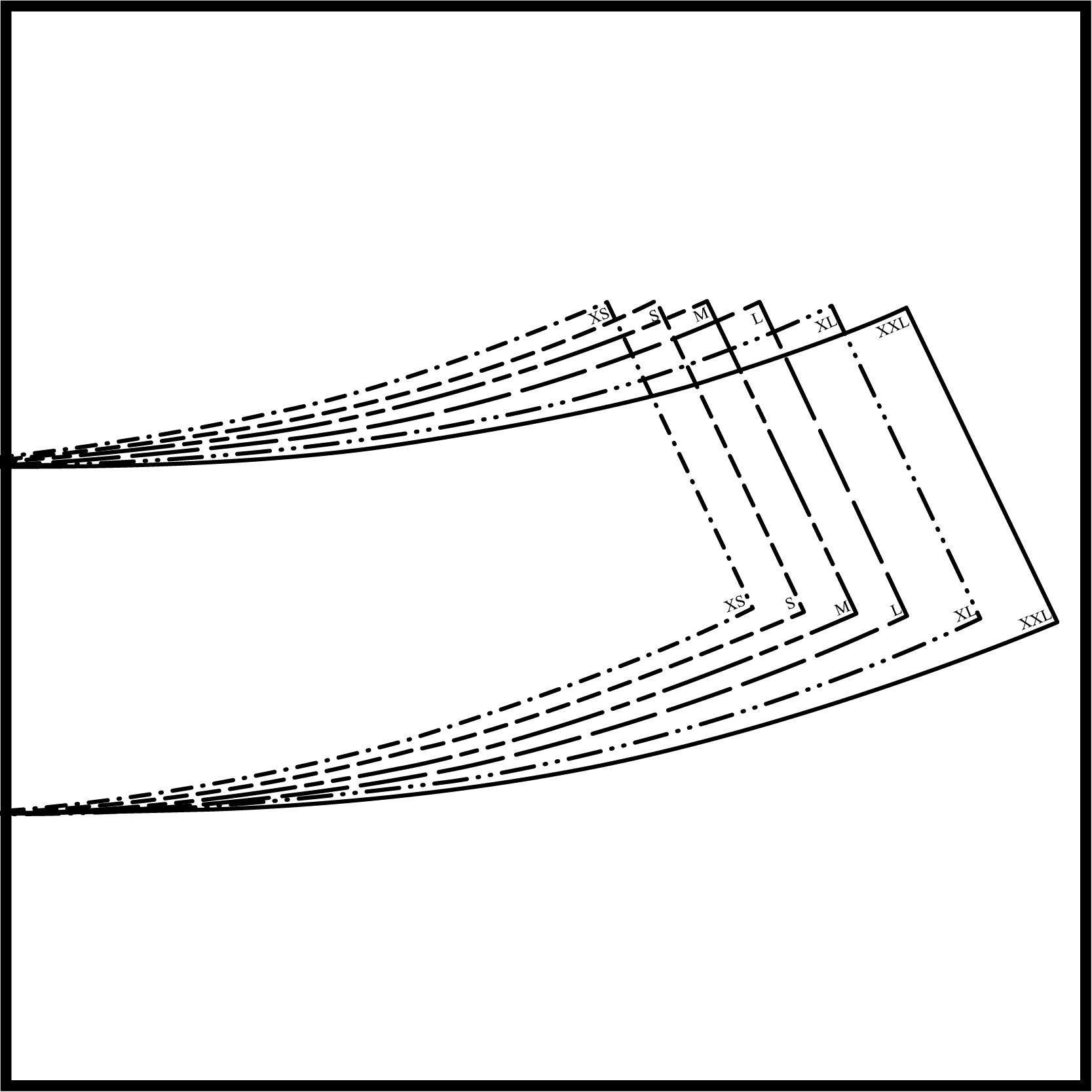 Curved seam with size graduation