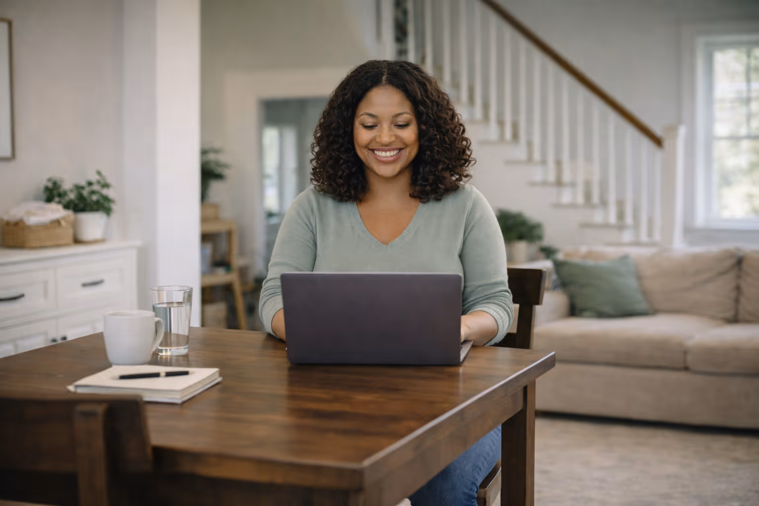 Smiling woman with curly hair working on a laptop at a wooden table in a bright living room.