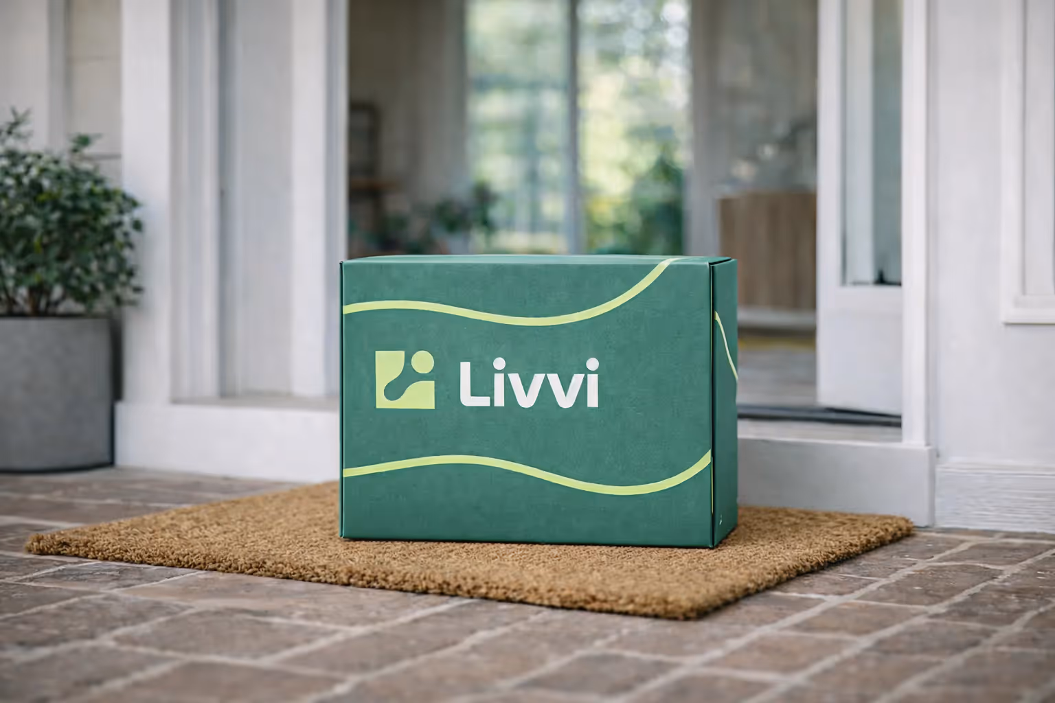 Green Livvi delivery box placed on a brown doormat outside a home entrance with glass doors.