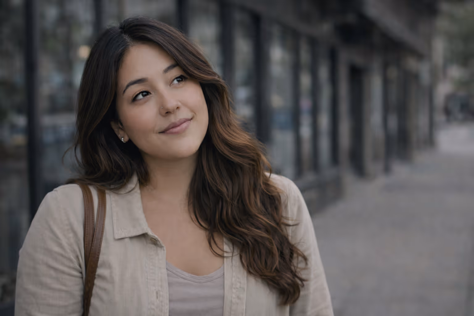 Young woman with long brown hair, wearing a beige jacket and smiling gently while looking up and to the side on a city street.