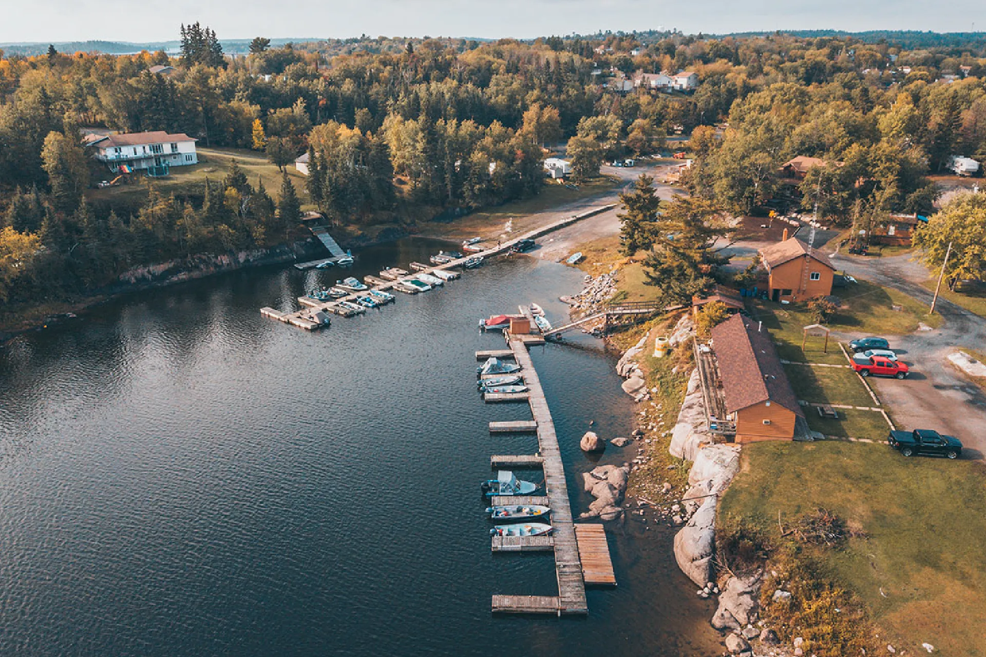 Aerial view of the dock and marina at Perch Bay Resort near Kenora, Ontario