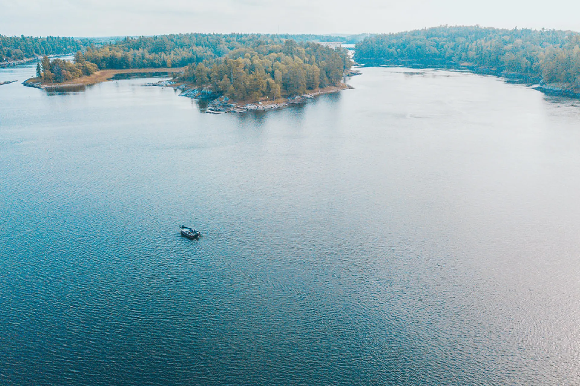 Boat on the Winnipeg River near Perch Bay Resort outside Kenora, Ontario