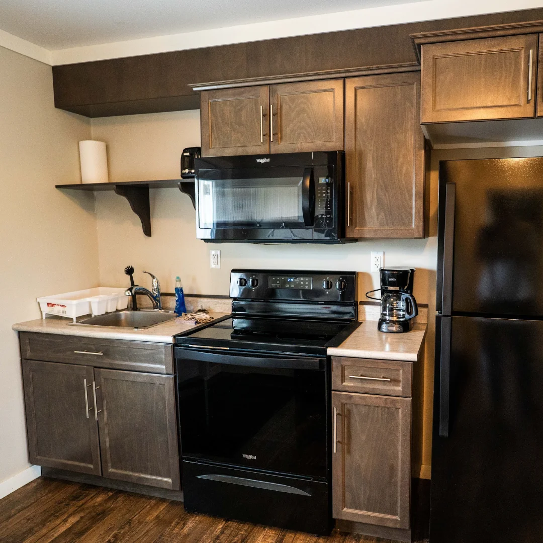 Compact cabin kitchen with grey cabinets, black stove, microwave, refrigerator, sink, and coffee maker.