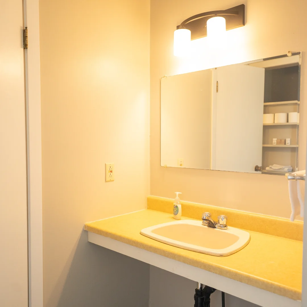 Suite bathroom vanity with a sink, mirror, wall light, soap dispenser, and towel rack.