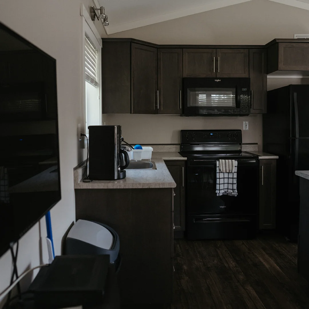 Compact kitchen in the Perch Bay Harbour Cabin with dark cabinets, black appliances, a wall-mounted TV, and wood-look flooring.
