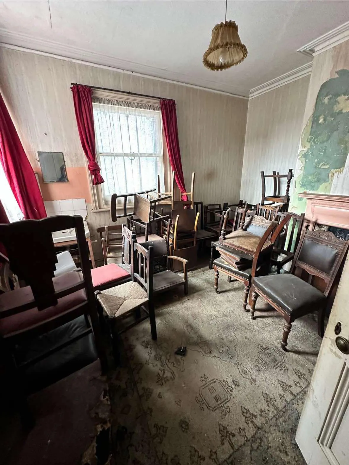 Cluttered room with many vintage wooden chairs stacked and scattered on an old patterned carpet, red curtains on window, and worn walls with peeling paint.