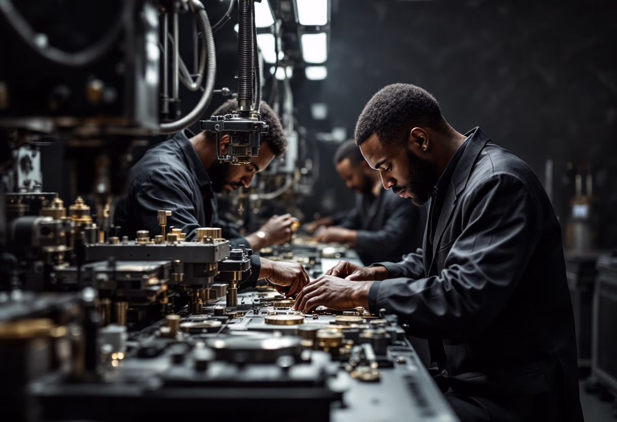 image of workers at machining station (for a manufacturing plant)