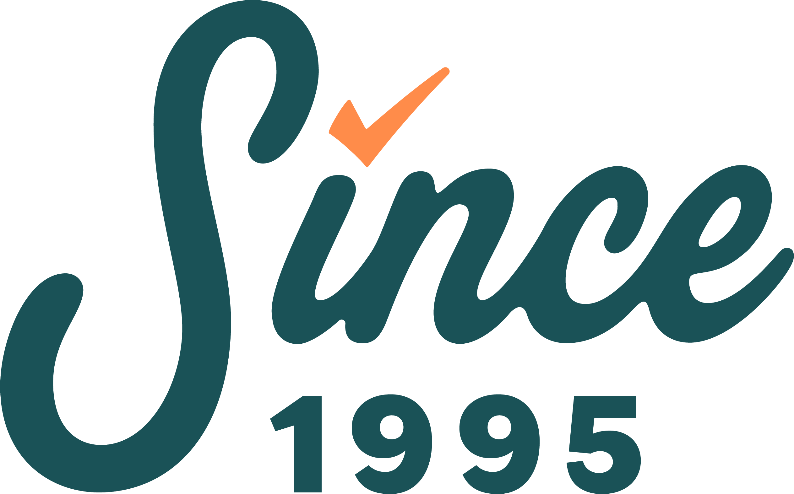 Logo with the word 'Since' in cursive and an orange check mark over the letter 'i', with the year 1995 below.