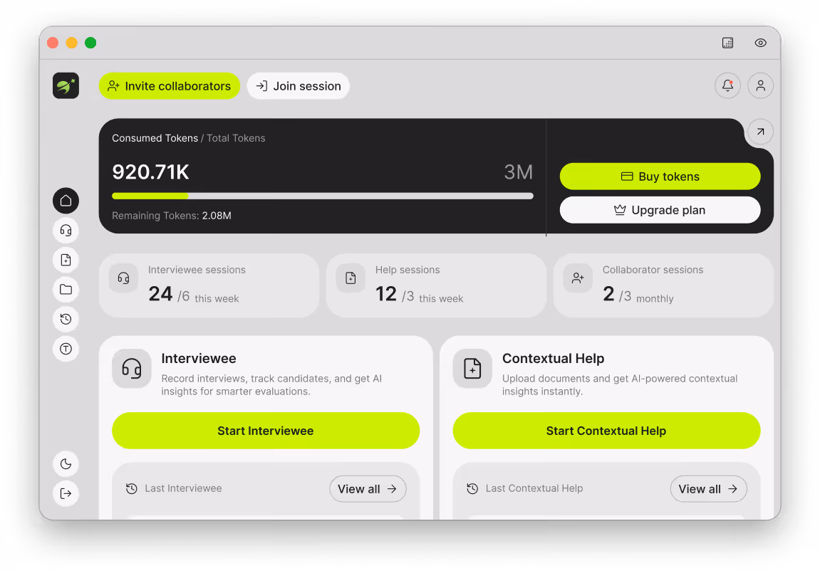 Light mode dashboard UI with cards and action buttons