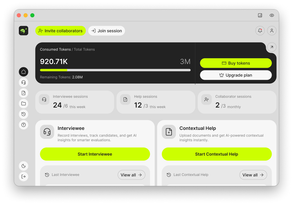 Light mode dashboard UI with cards and action buttons