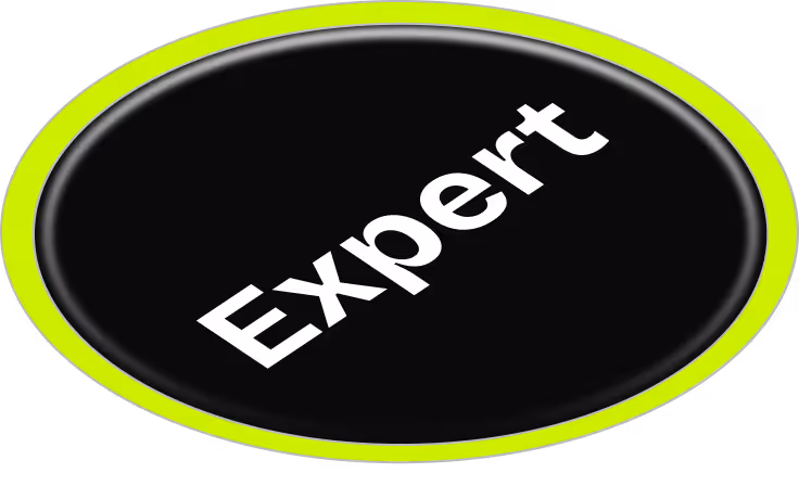 Black circular badge with a neon green outer ring and the word 'Expert' in white diagonal text.