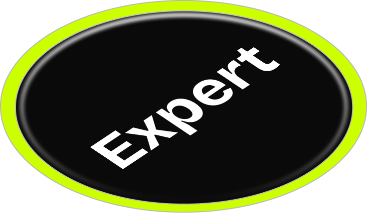 Black circular badge with a neon green outer ring and the word 'Expert' in white diagonal text.