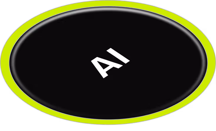 Black oval button with a bright yellow-green border and white text reading 'AI' in the center.