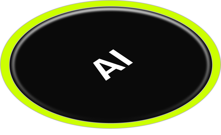Black oval button with a bright yellow-green border and white text reading 'AI' in the center.
