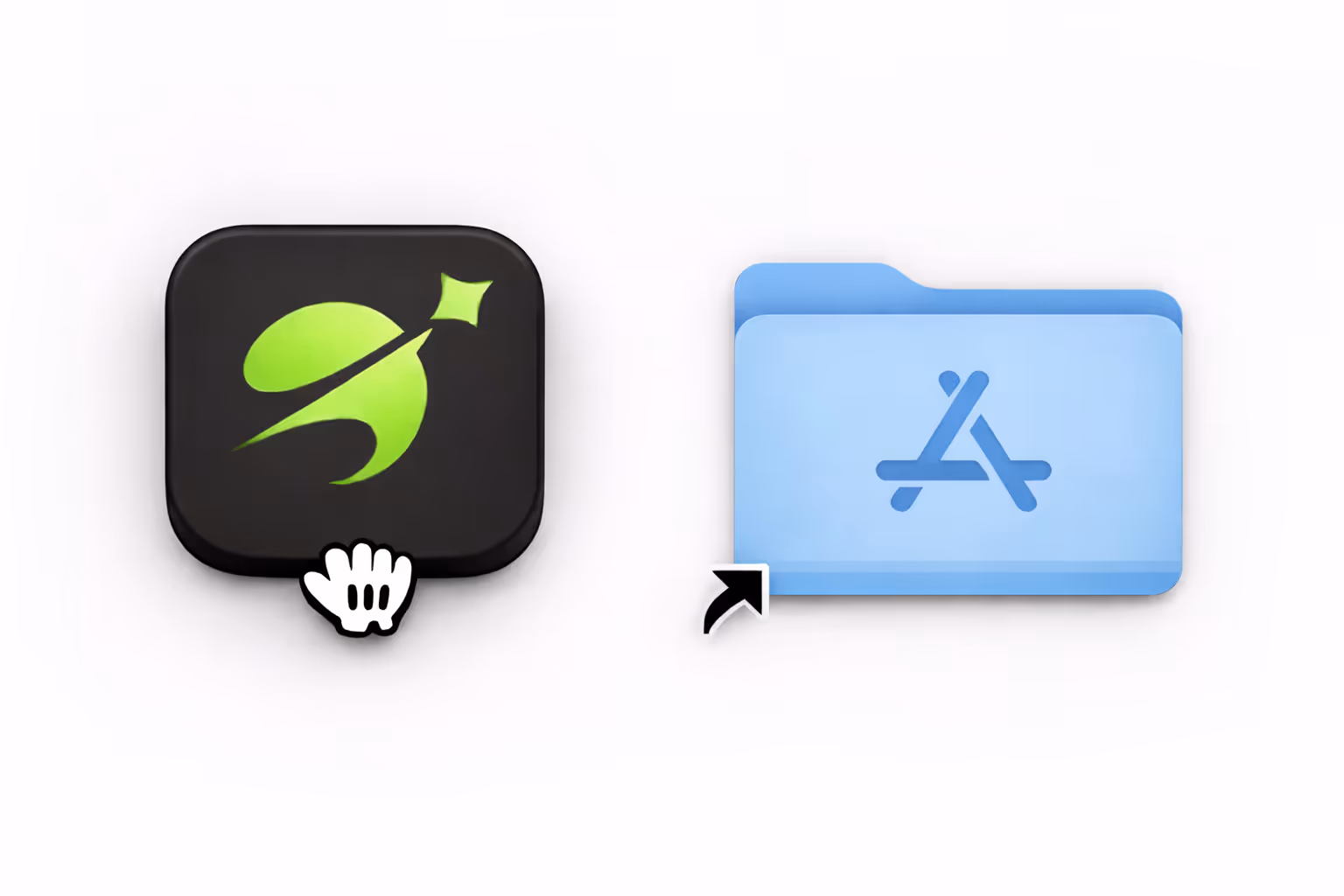 Black app icon with green stylized pen and star next to a blue folder icon with an App Store symbol and a shortcut arrow.