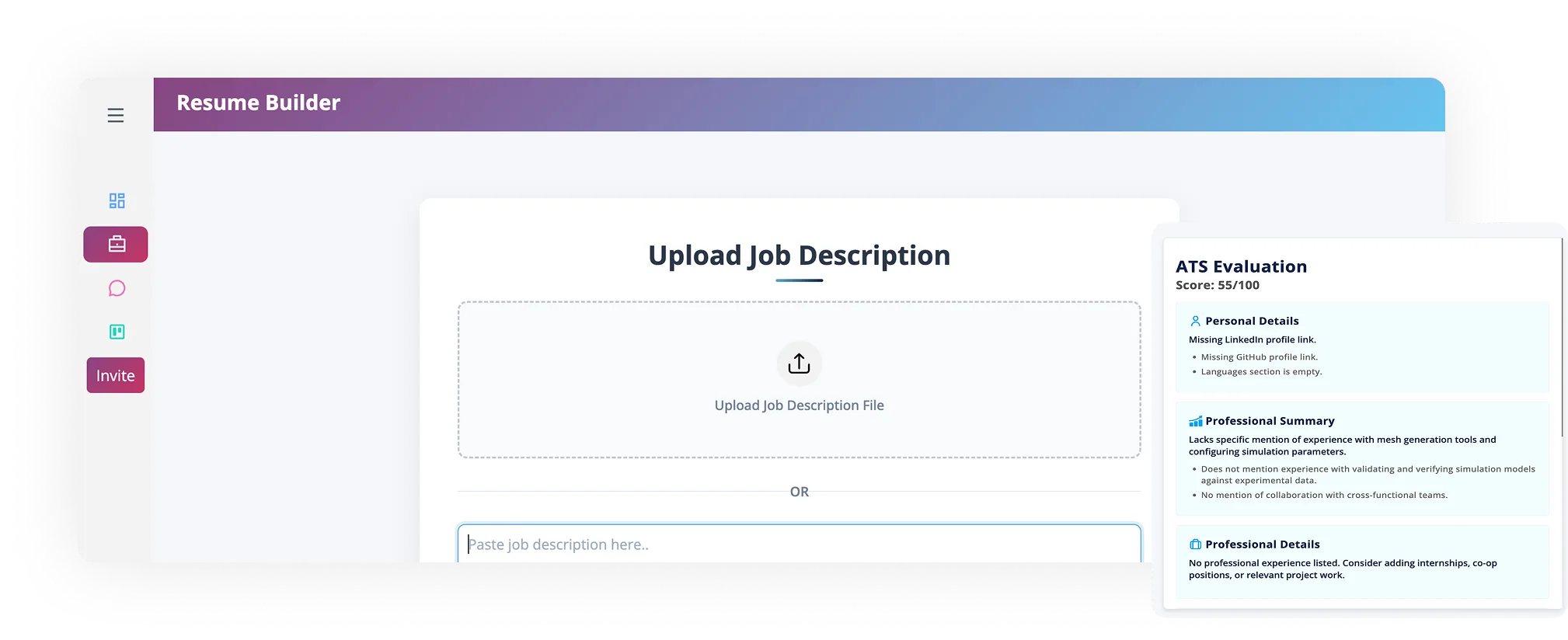 AI-powered resume builder interface showing job description upload section and ATS evaluation summary with score and suggestions for improvement