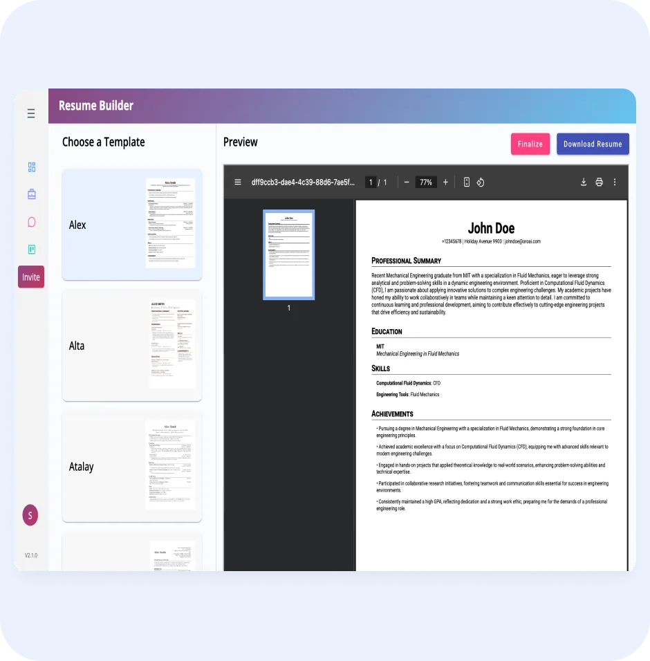 Resume Builder interface showcasing template selection and preview of a resume for "John Doe," highlighting professional summary, education, skills, and achievements.