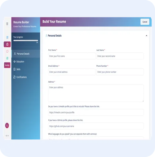 Resume builder interface displaying fields for personal details, including first name, last name, email address, phone number, and address, with sections for LinkedIn and GitHub profiles, emphasizing user-friendly design for creating professional resumes.