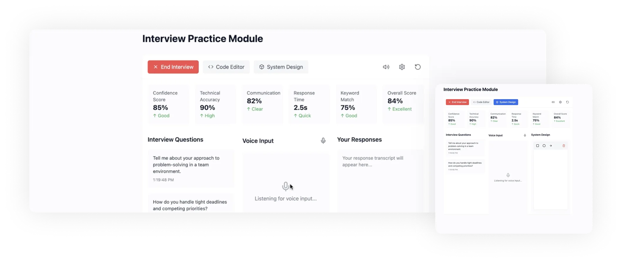 Interview practice module interface displaying confidence score, technical accuracy, and communication metrics, with interview questions and voice input options for real-time feedback and personalized preparation.