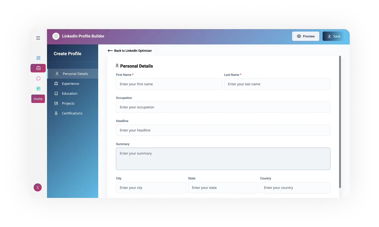 Resume builder interface displaying fields for personal details, including first name, last name, email address, phone number, and address, with sections for LinkedIn and GitHub profiles, emphasizing user-friendly design for creating professional resumes