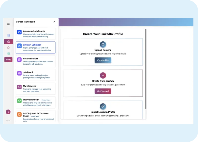 Career launchpad interface displaying options for LinkedIn profile creation, including "Upload Resume," "Create from Scratch," and "Import LinkedIn Profile."