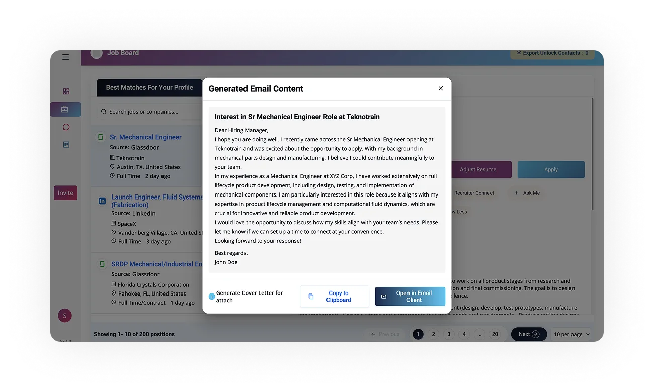 Generated email content for job application, showcasing AI-generated personalized message for a Mechanical Engineer position.