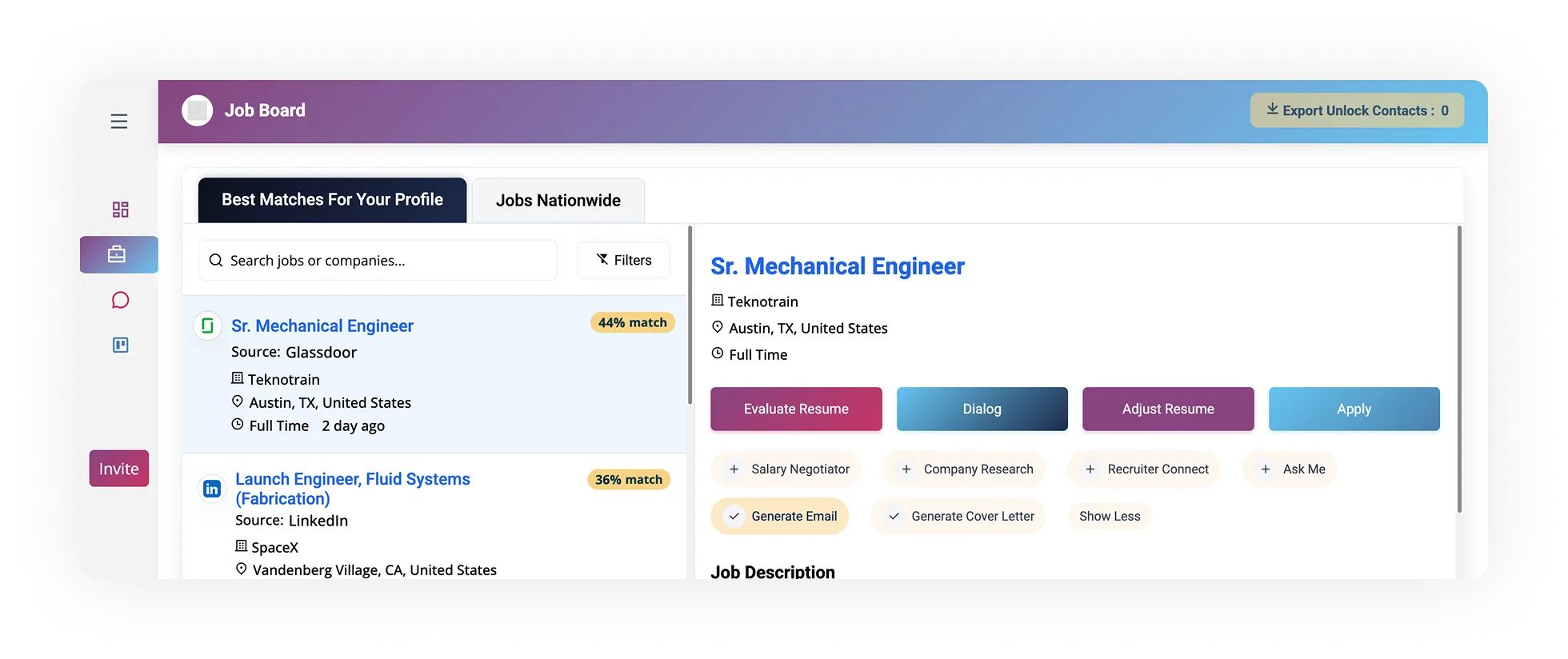 Job board interface displaying job listings for Sr. Mechanical Engineer and Launch Engineer positions, with options to evaluate resumes, generate emails, and apply directly through ORO AI's automated job application tools.