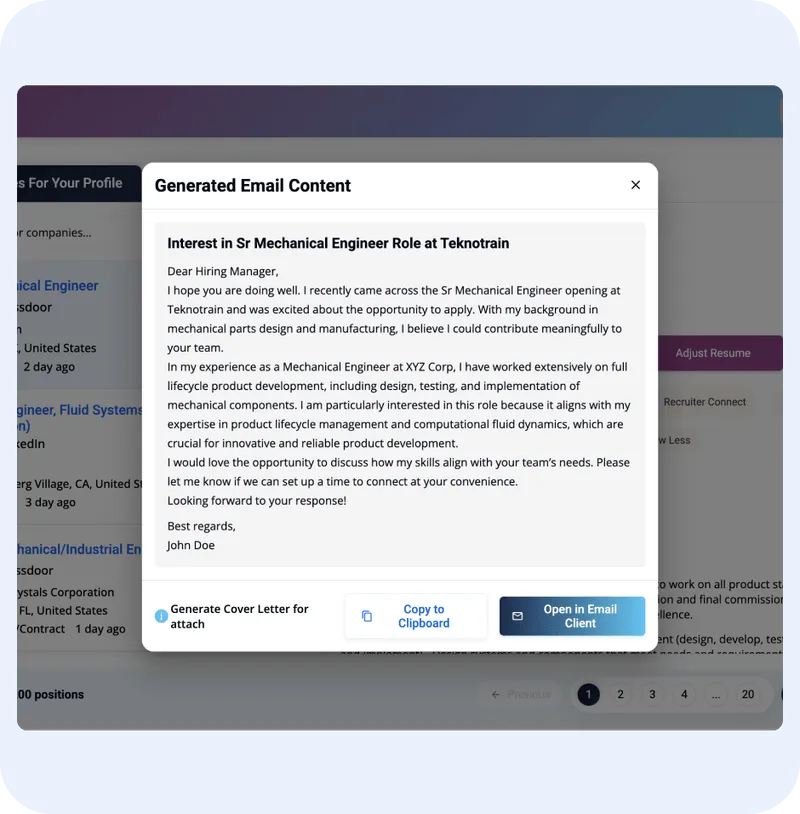 Generated email content for job application, showcasing personalized email for Sr Mechanical Engineer role, highlighting skills and experience, with options to copy or send directly through email clients.
