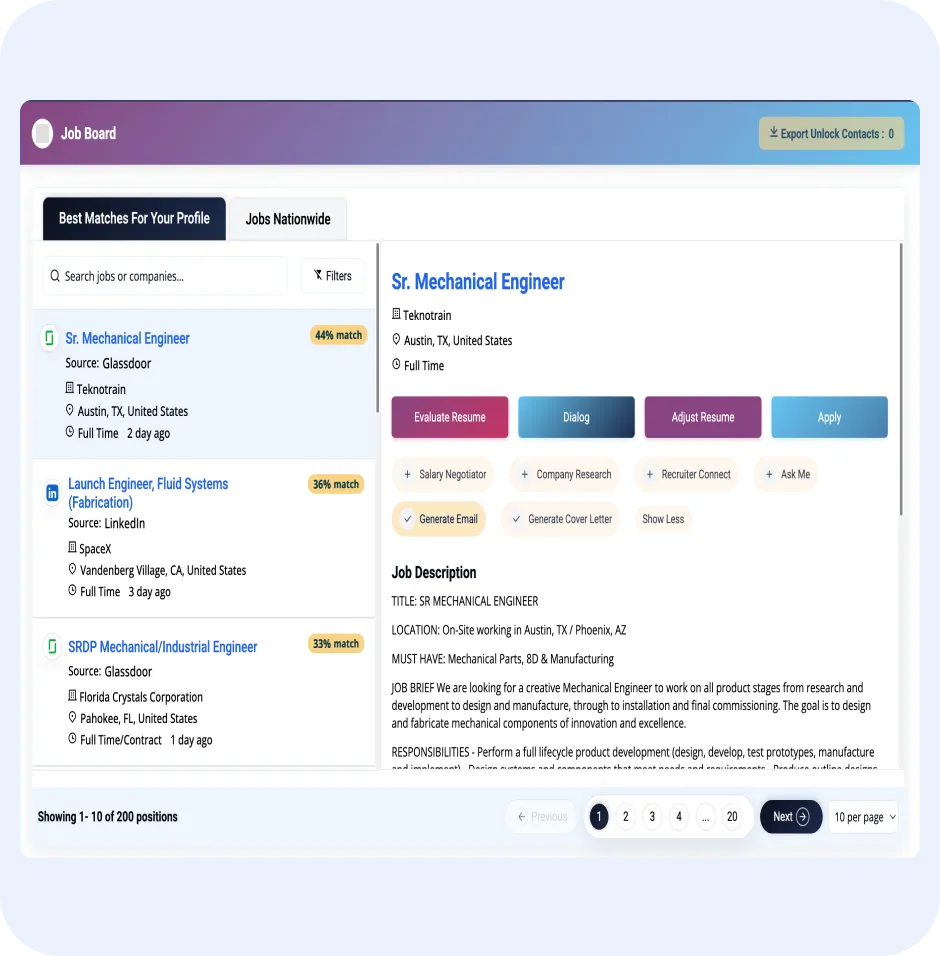 Job board interface displaying job listings for mechanical engineering positions, featuring options to evaluate resumes, generate application emails, and apply directly through the ORO AI tool.