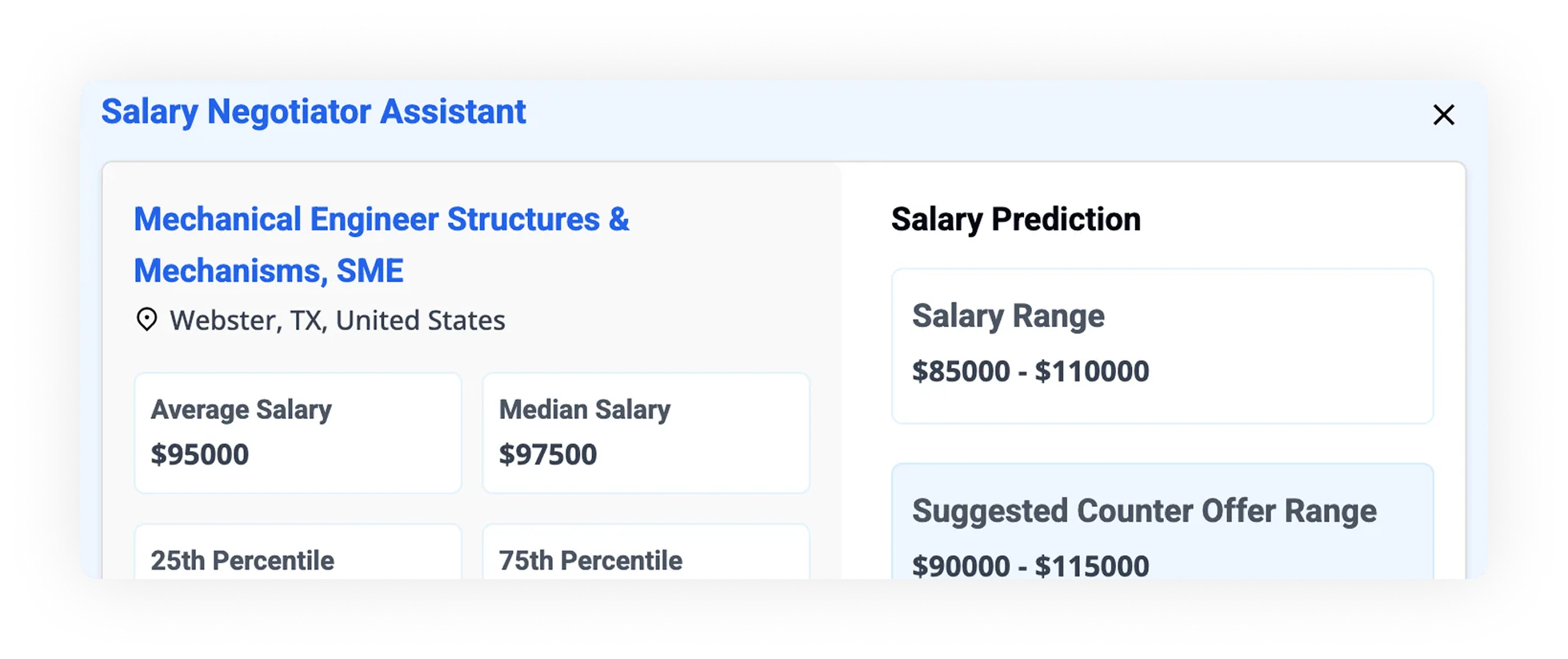 Salary Negotiator Assistant interface displaying salary prediction for Mechanical Engineer positions, including average salary of $95,000, median salary of $97,500, and suggested counter offer range of $90,000 to $115,000, tailored for Webster, TX, United States.