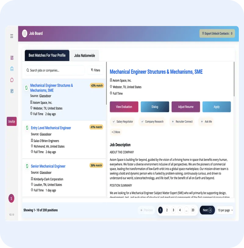 Job board interface displaying job listings for Mechanical Engineer positions, featuring options to evaluate resumes, generate cover letters, and apply directly, emphasizing AI-powered job application tools.