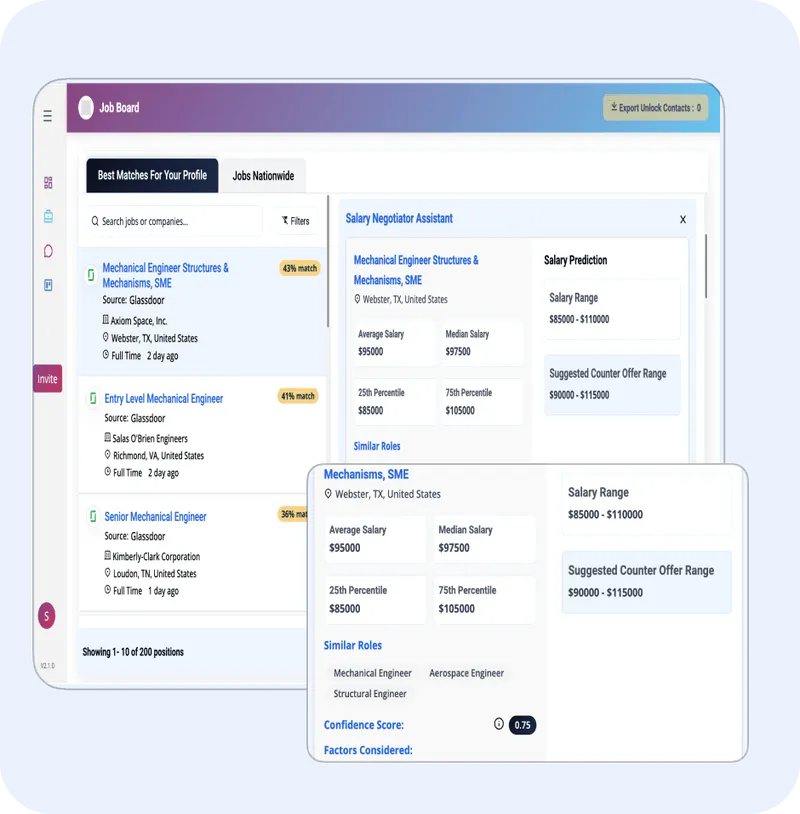 Job board interface displaying job matches for mechanical engineers, featuring a chatbot conversation about robotics hardware engineering opportunities and related questions.