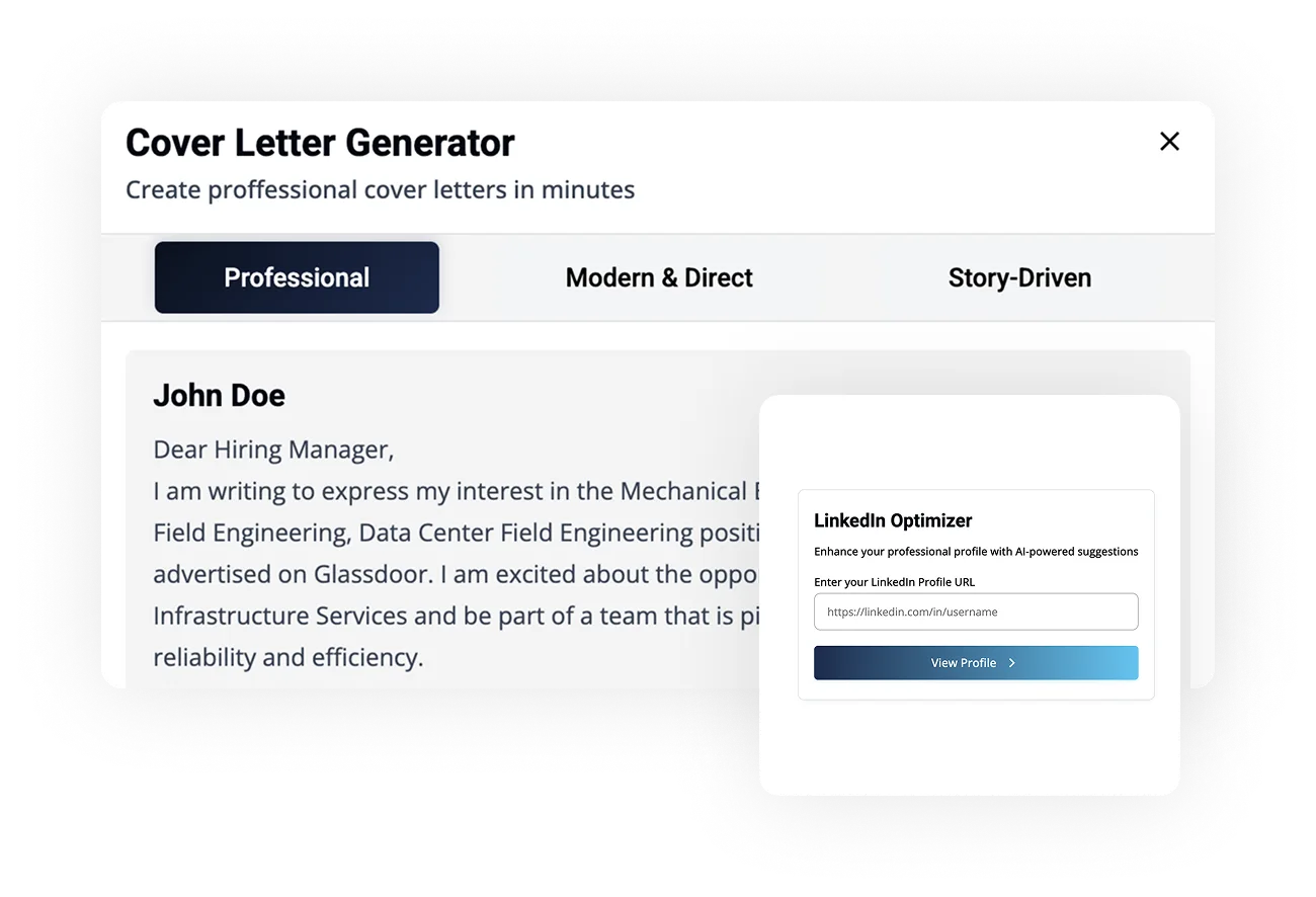 Cover letter generator interface showcasing a professional template with user input fields for name and message, emphasizing AI-driven customization for job applications.