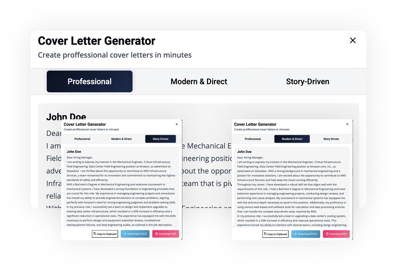 Cover Letter Generator interface showcasing customizable professional cover letters with options for tone selection, featuring example text and download buttons for DOCX and PDF formats