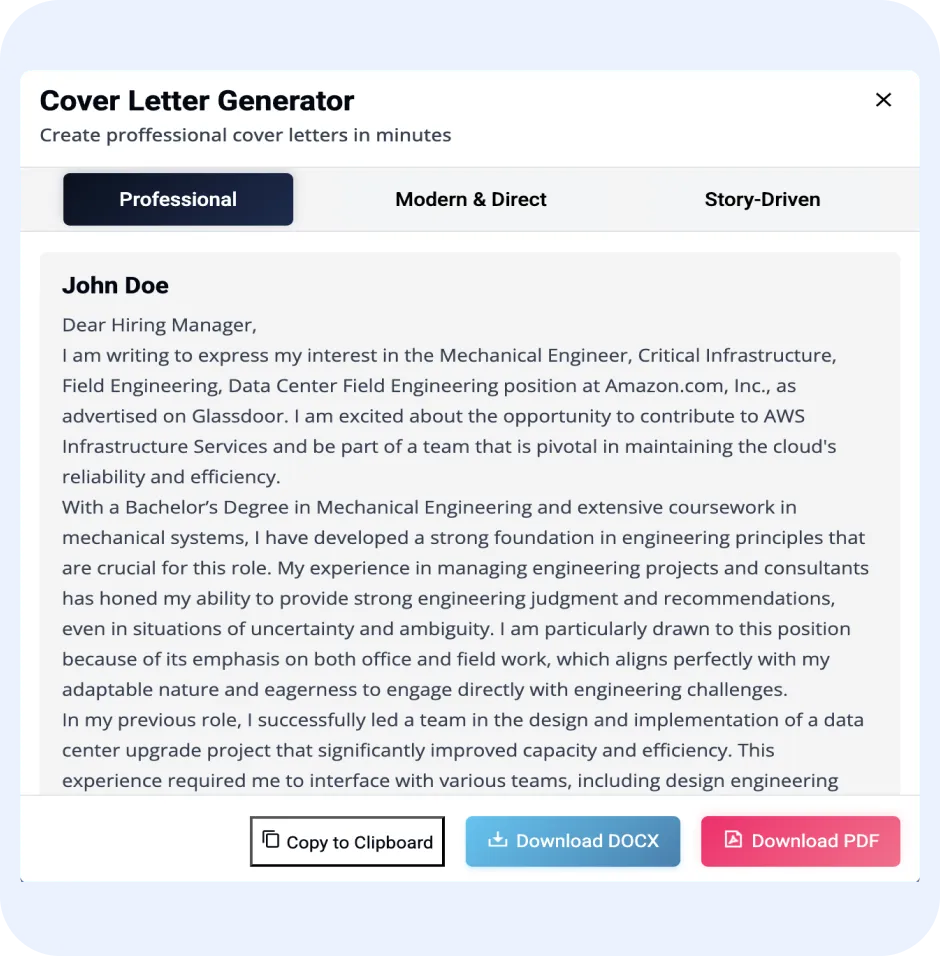 Cover letter interface showcasing customizable features for job applications, including "Download DOCX" and "Download PDF" options, designed for ORO AI's cover letter generator.