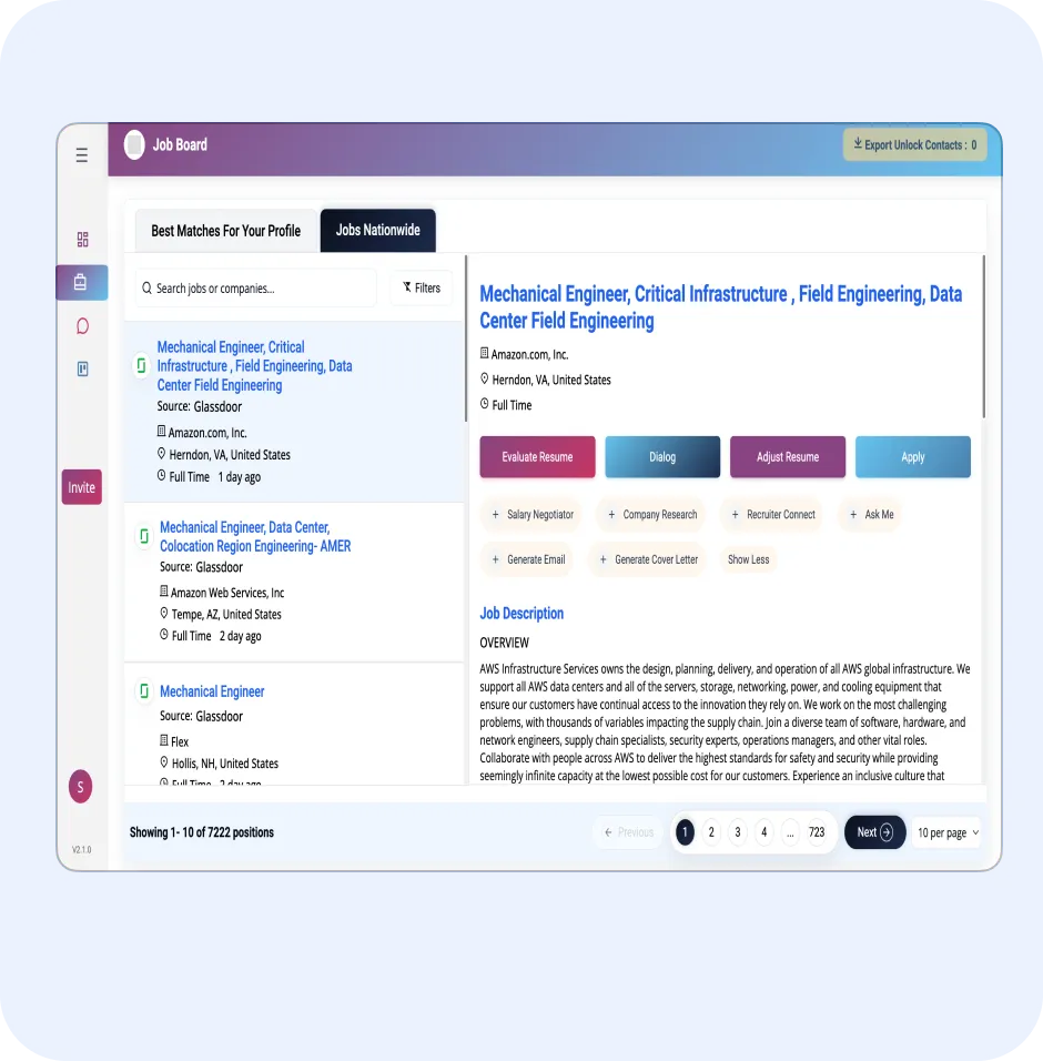 Job board interface displaying job listings for Mechanical Engineer positions, with options to evaluate resumes, generate cover letters, and apply directly