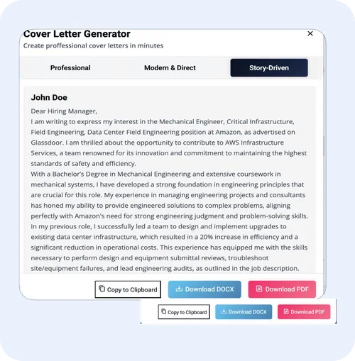 Cover letter interface showcasing customizable features for job applications, including "Download DOCX" and "Download PDF" options, designed for ORO AI's cover letter generator.