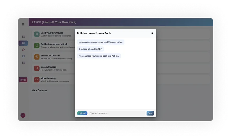 User interface of ORO AI's LAYOP feature, displaying a course creation dialog with prompts for course name and module addition, emphasizing AI-driven personalized learning.
