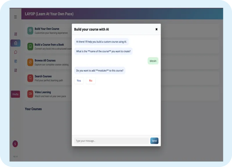 LAYOP interface displaying options to build a course from a book, featuring "Upload a book file (PDF)" prompt and course creation tools