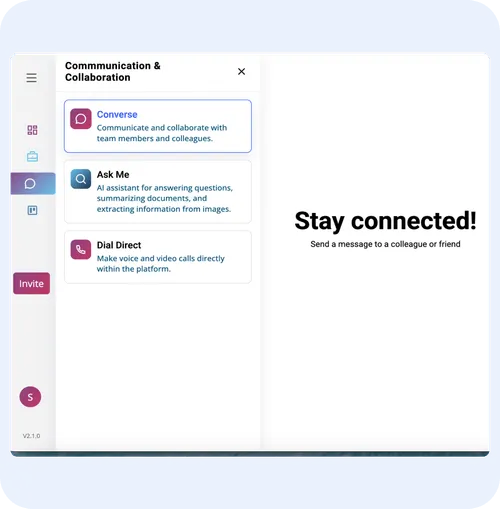 Communication and Collaboration interface of Converse by ORO AI, featuring options to chat, ask AI questions, and make calls, emphasizing team connectivity and productivity.
