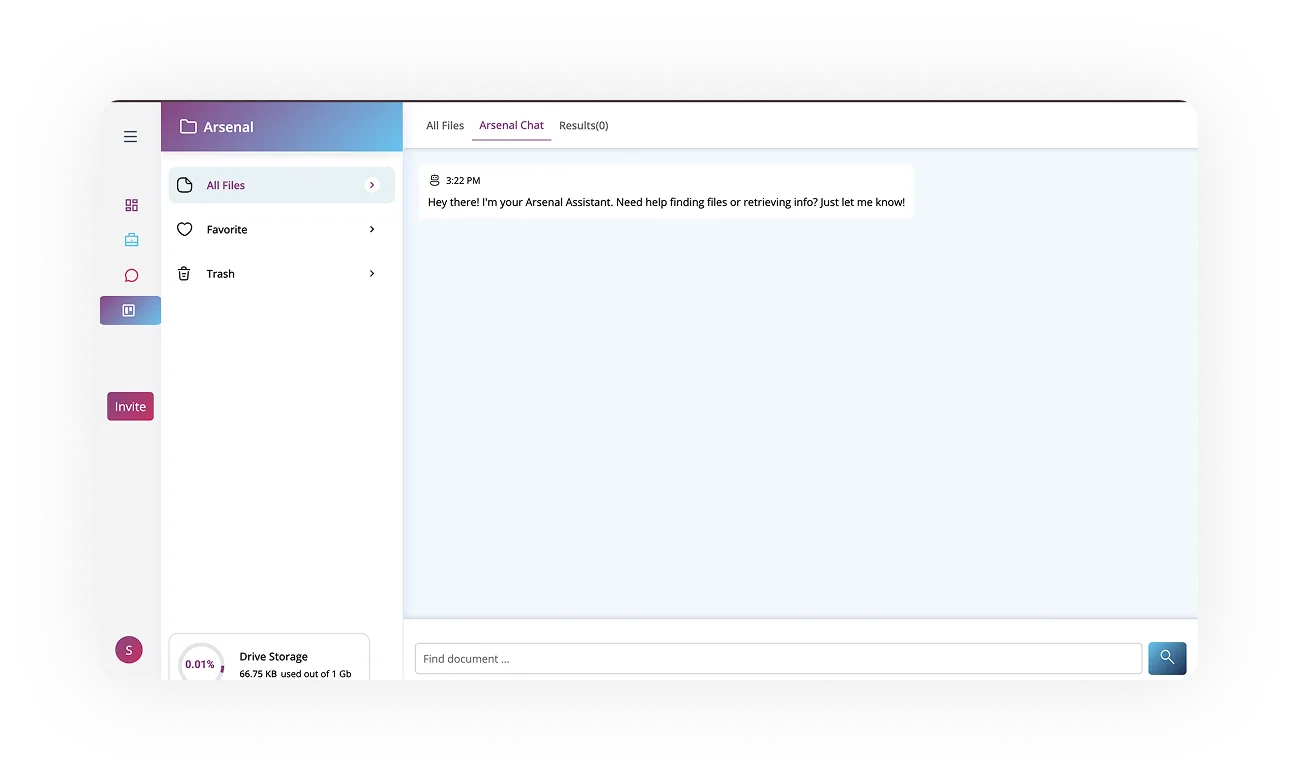AI-powered document management interface of Arsenal by ORO AI, featuring chat assistant for file retrieval and organization.