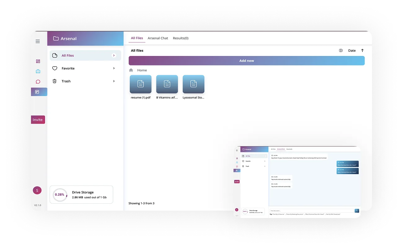 Arsenal interface showing document management features, including file organization, storage usage, and AI-powered chat assistance for efficient document retrieval and summarization