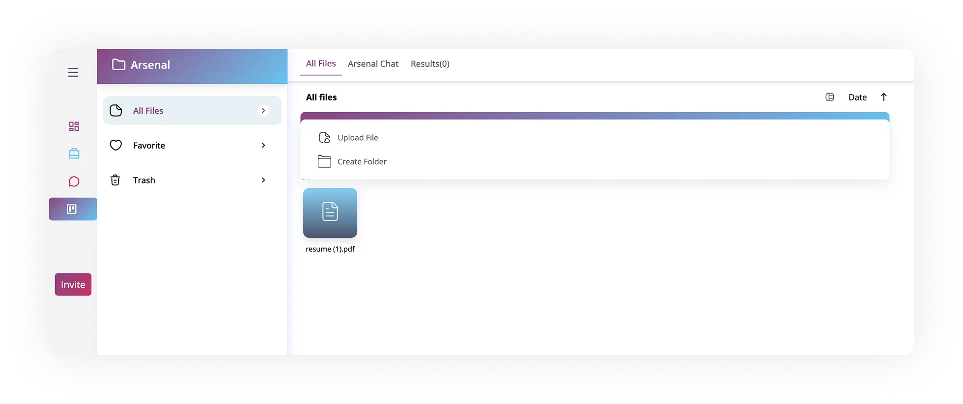 Arsenal document management interface displaying file options including upload and create folder features, showcasing AI-powered document organization.