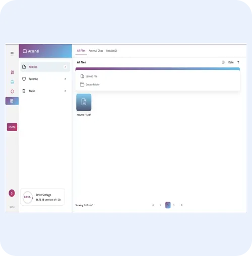 Arsenal AI document management interface displaying file upload options and a selected PDF file named "resume.pdf" on a blue background.