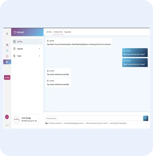 Arsenal AI document management interface displaying chat interactions and file retrieval success messages, illustrating features for secure file storage and AI-powered document insights.