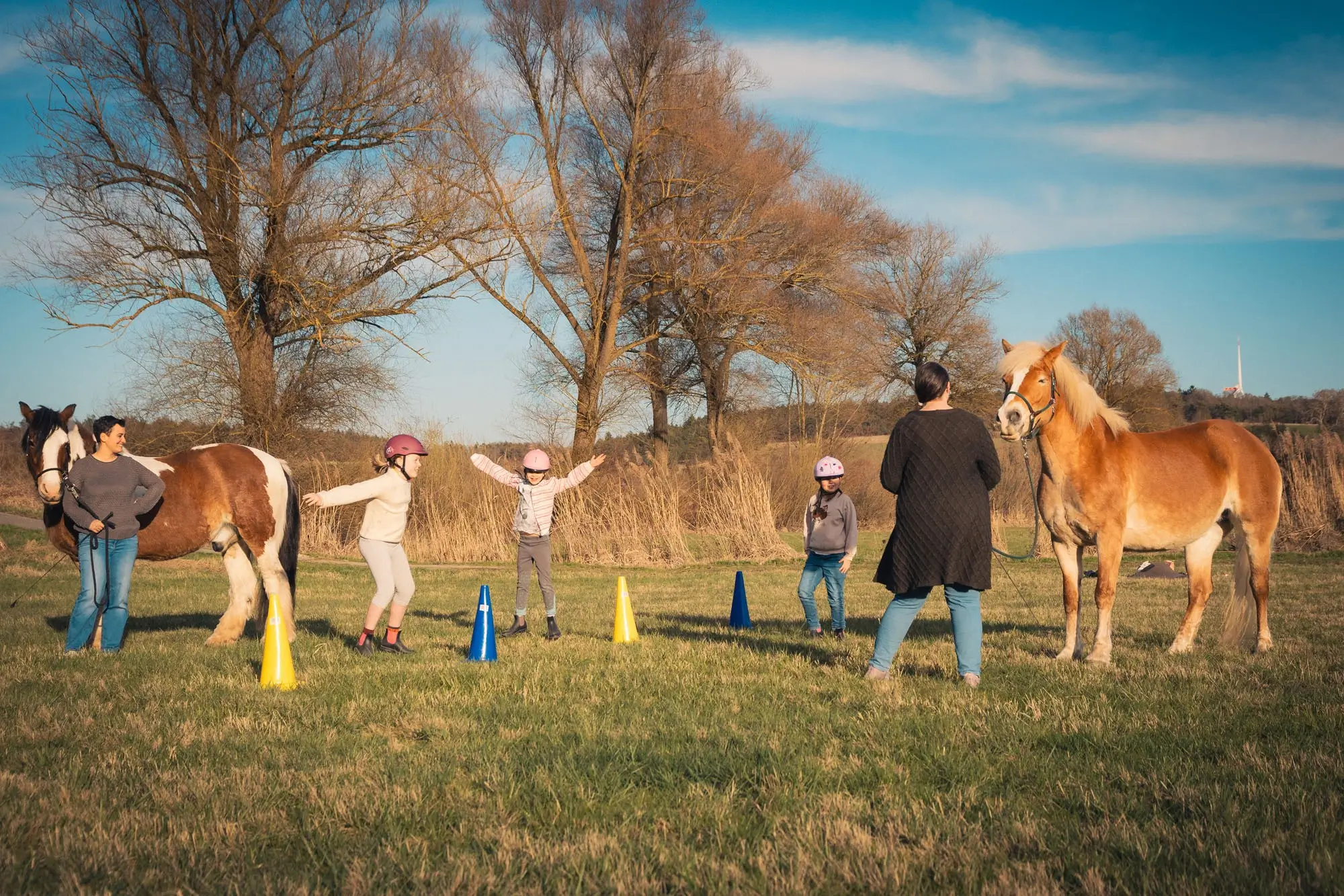 Zwei Pferde und drei Kinder spielen auf einer Wiese. Die Kinder machen Hampelmänner.