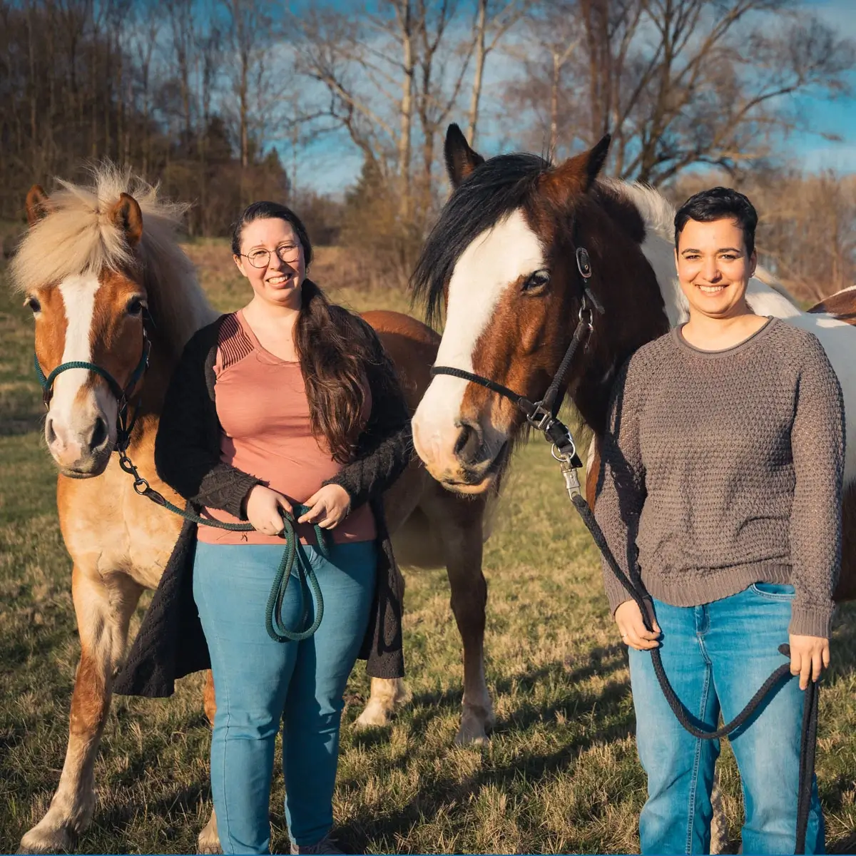 Zwei Pferde und zwei Frauen stehen auf einer Wiese.