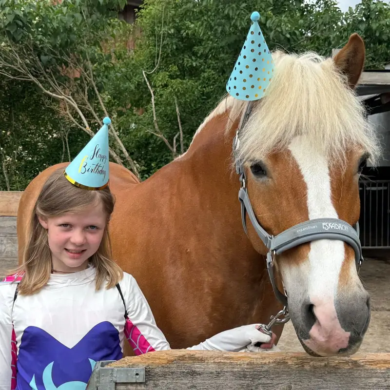 Ein Kind steht neben einem Pferd. Beide haben einen Partyhut mit der Beschriftung 'Happy Birthday' auf.